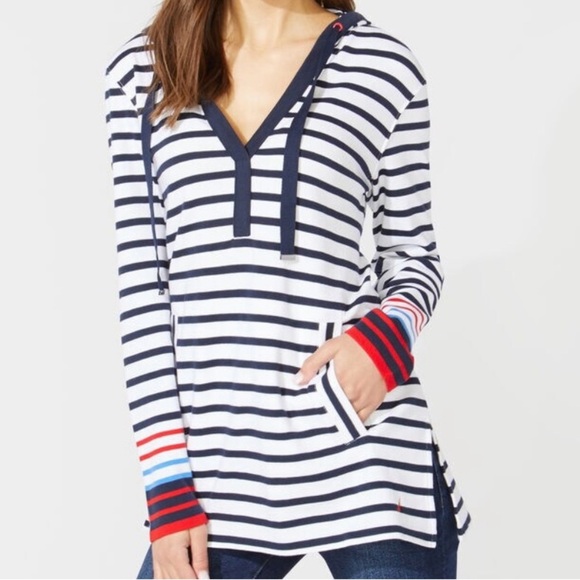 Nautical Striped Split Neck Pullover Hoodie Size Medium - Picture 1 of 10